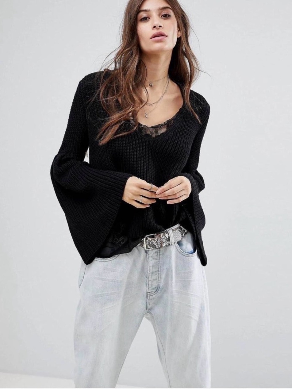 Free People Black Damsel Black Bell Sleeve Knit Sweater